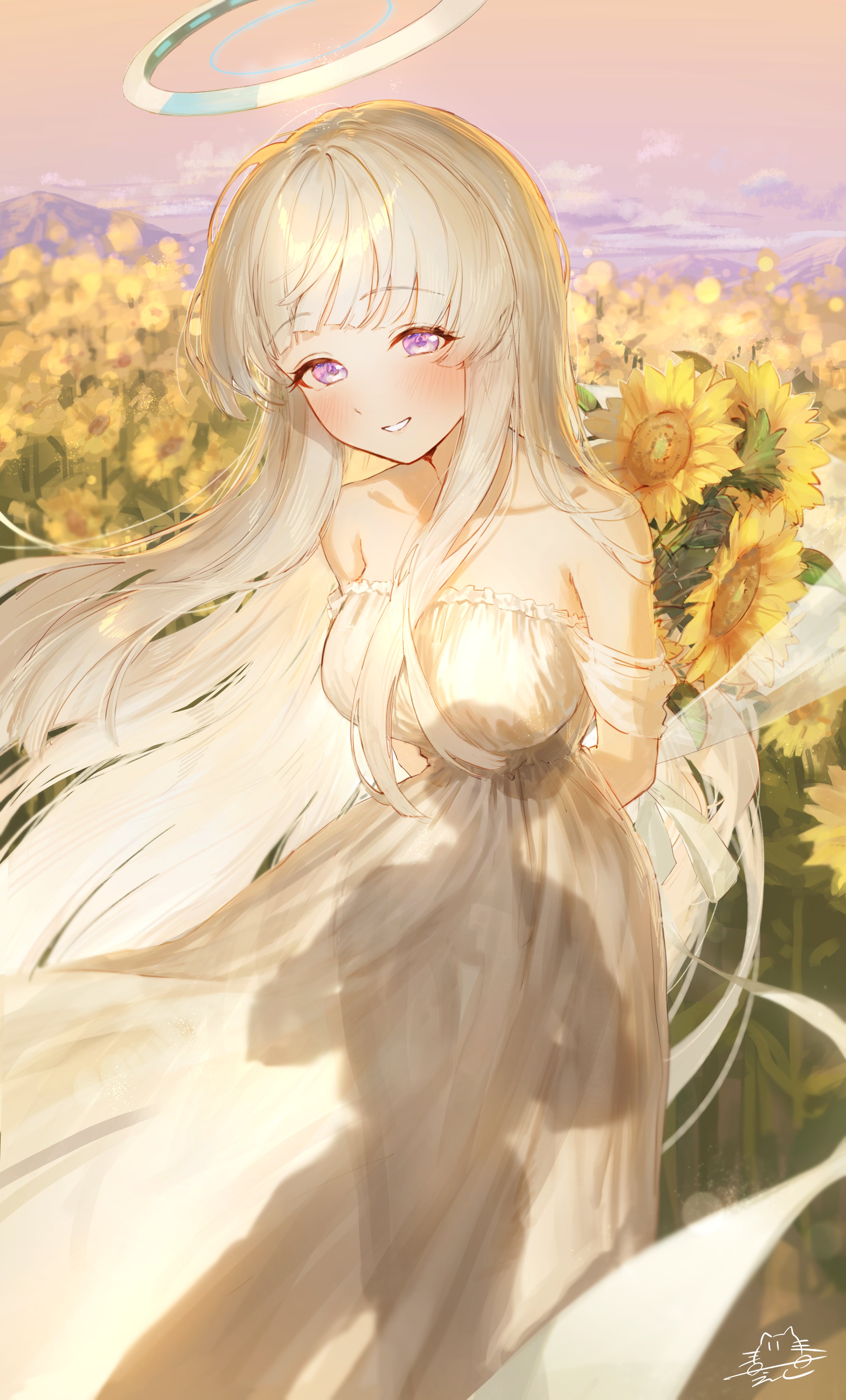 eshineko, noa (blue archive), blue archive, absurdres, highres, 1boy, 1girl, alternate costume, arms behind back, bare shoulders, blush, breasts, collarbone, dress, field, flower, flower field, halo, large breasts, parted lips, purple eyes, shadow, smile, strapless, strapless dress, sunflower, sunflower field, white dress, white hair, white halo
