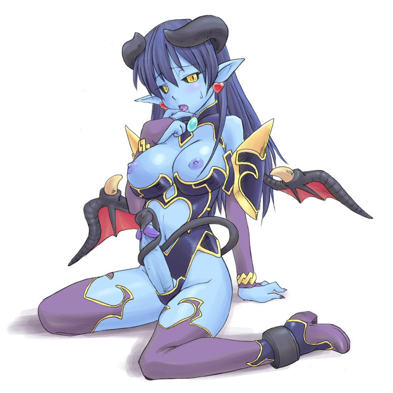 hinemosu notari, astaroth (shinrabanshou), shinrabanshou, 1futa, arm support, black sclera, blue skin, blush, boots, breasts, colored sclera, colored skin, demon girl, earrings, elbow gloves, futanari, futanari masturbation, gloves, heart, heart earrings, horns, jewelry, kneeling, large breasts, long hair, masturbation, nipples, penis, precum, purple boots, purple hair, solo, sweat, tail, tail masturbation, tailjob, thighhighs, uncensored, wings, yellow eyes