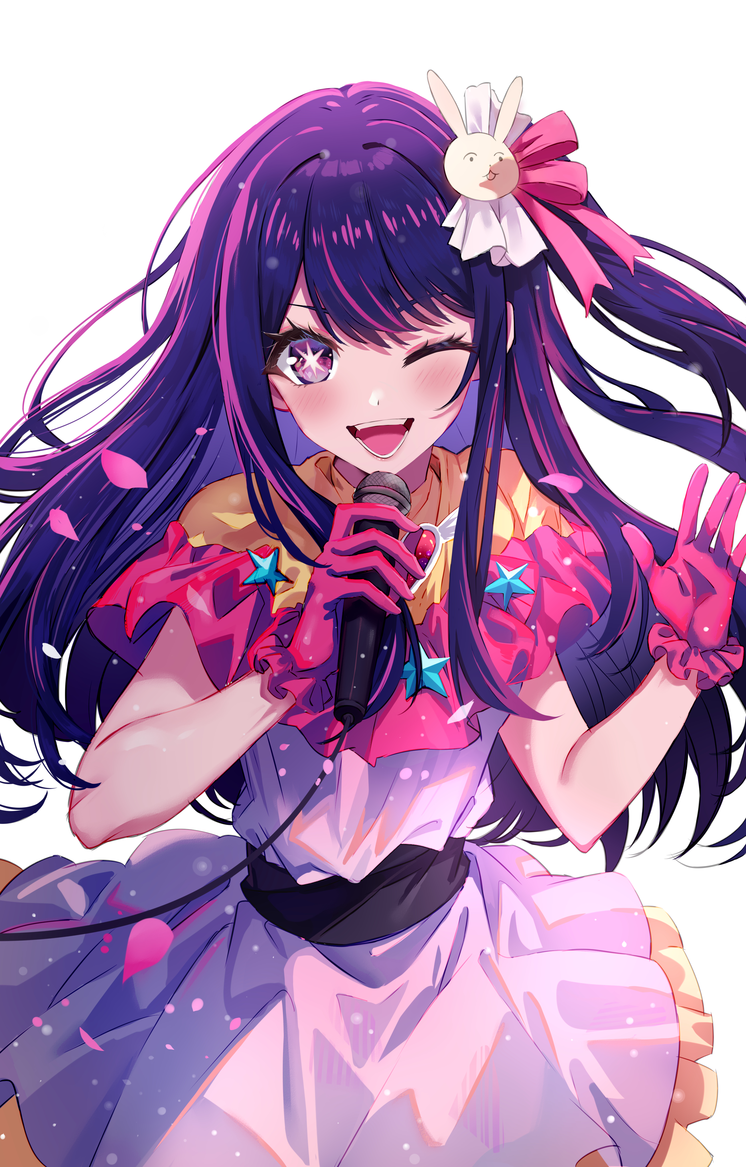 alaya0130, hoshino ai, oshi no ko, absurdres, commentary, highres, 1girl, ;d, blush, cowboy shot, dress, eyebrows hidden by hair, eyelashes, falling petals, floating hair, frilled dress, frilled gloves, frills, gloves, hair ornament, hair ribbon, hands up, happy, holding, holding microphone, idol, idol clothes, long hair, looking at viewer, microphone, one eye closed, one side up, open mouth, petals, pink dress, pink gloves, pink ribbon, purple eyes, purple hair, rabbit hair ornament, ribbon, sidelocks, simple background, smile, solo, star-shaped pupils, star (symbol), star ornament, straight hair, swept bangs, symbol-shaped pupils, teeth, v-shaped eyebrows, very long hair, white background