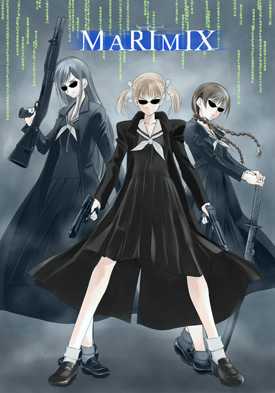 shirotsumekusa, fukuzawa yumi, ogasawara sachiko, shimazu yoshino, maria-sama ga miteru, the matrix, 3girls, beretta 92, crossover, dual wielding, gun, handgun, holding, long sleeves, multiple girls, parody, pistol, pleated skirt, pump action, remington 870, school uniform, serafuku, shotgun, skirt, sword, weapon