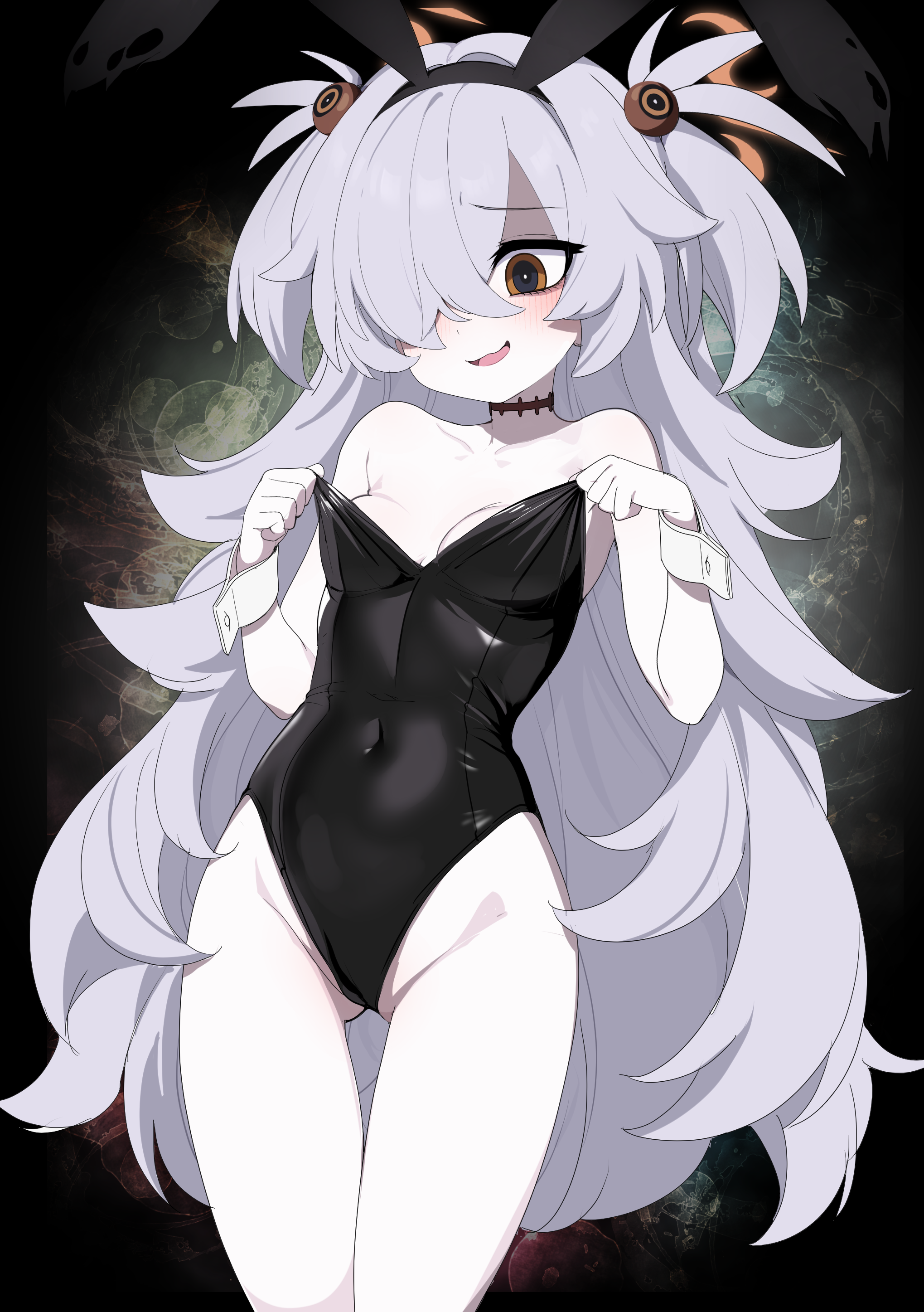 ransusan, kanoe (blue archive), blue archive, absurdres, commentary, highres, 1girl, :d, alternate costume, animal ear hairband, animal ears, bare arms, bare legs, bare shoulders, black background, black hairband, black leotard, black pubic hair, blush, breasts, collarbone, covered navel, cowboy shot, dot nose, fake animal ears, gluteal fold, hair between eyes, hair over one eye, hairband, halo, hands up, highleg, highleg leotard, leotard, loli, long hair, looking down, one eye covered, open mouth, orange eyes, orange halo, oversized breast cup, playboy bunny, pulling own clothes, rabbit ears, scar, scar on neck, shaded face, simple background, small breasts, smile, solo, standing, strapless, strapless leotard, thigh gap, thighs, two side up, very long hair, white hair, wrist cuffs