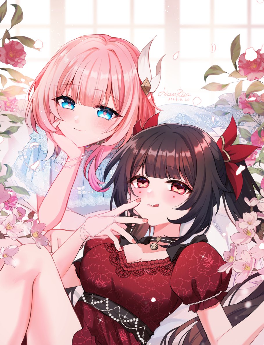 annerica, cyrene (honkai: star rail), sparkle (honkai: star rail), honkai: star rail, honkai (series), commentary request, 2girls, alternate costume, blue dress, blue eyes, breasts, brown hair, cleavage, dress, hair ornament, licking lips, long hair, looking at viewer, medium breasts, multiple girls, pink hair, purple eyes, red dress, short hair, smile, tongue, tongue out, very long hair