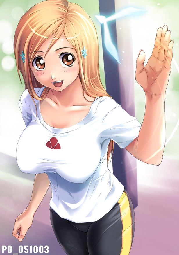 shinozuka jouji, inoue orihime, bleach, 00s, 1girl, breasts, brown eyes, female focus, long hair, orange hair, shirt, solo, t-shirt
