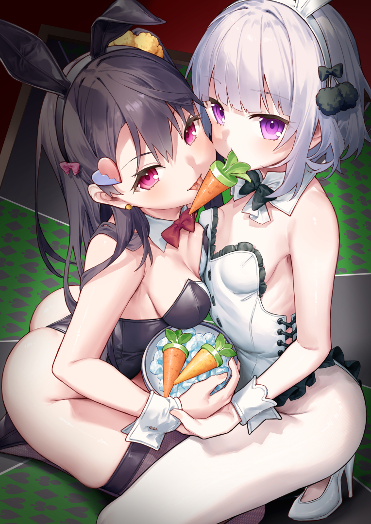 tokuno yuika, original, commentary request, 2girls, animal ear hairband, animal ears, bare shoulders, black bow, black bowtie, black hair, black hairband, black leotard, blunt bangs, blush, bow, bowtie, breasts, brown thighhighs, carrot, closed mouth, detached collar, fake animal ears, grey hair, hair ornament, hairband, heart, heart hair ornament, high heels, leotard, long hair, looking at viewer, multiple girls, pantyhose, playboy bunny, purple eyes, rabbit ear hairband, rabbit ears, red bow, red bowtie, red eyes, shoes, short hair, sitting, small breasts, strapless, strapless leotard, thighhighs, tongue, tongue out, white hairband, white leotard, white pantyhose, white shoes, wrist cuffs