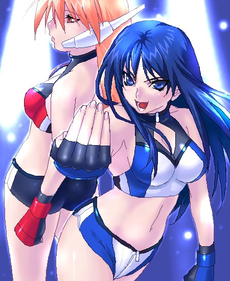 zen, kurusugawa ayaka, serio (to heart), to heart, to heart (series), 2girls, bare shoulders, blue eyes, blue gloves, blue hair, blush, breasts, cleavage, cowboy shot, expressionless, fingerless gloves, gloves, headgear, looking at viewer, multiple girls, navel, oekaki, orange hair, shorts