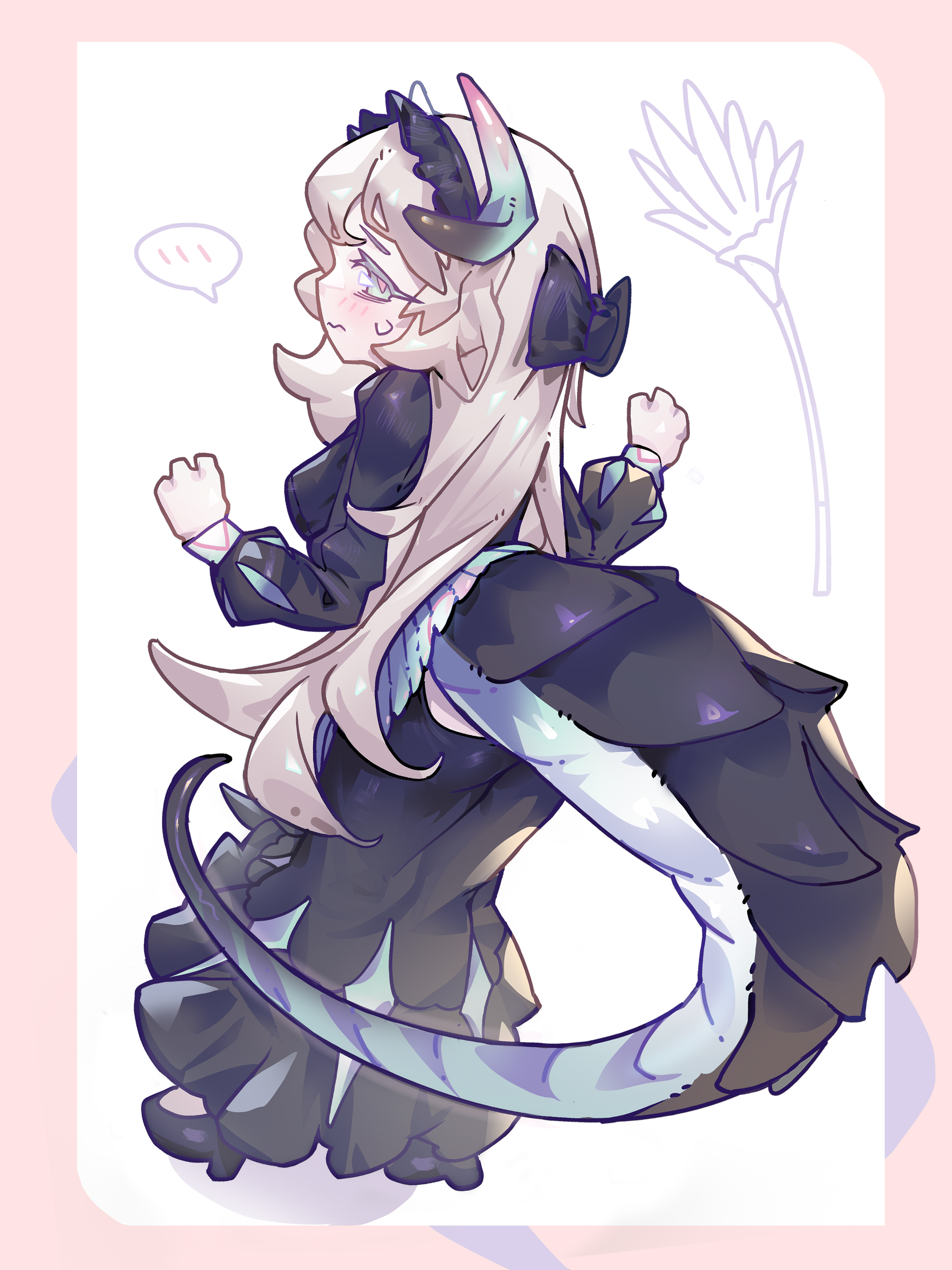 colossuss777, chamber dragonmaid, yu-gi-oh!, absurdres, highres, 1girl, black dress, blush, closed mouth, dragon girl, dragon horns, dragon tail, dress, duel monster, feathered wings, grey eyes, high heels, horns, long hair, long sleeves, looking at viewer, looking back, maid, puffy long sleeves, puffy sleeves, pumps, solo, speech bubble, spoken blush, sweat, tail, very long hair, white hair, wings