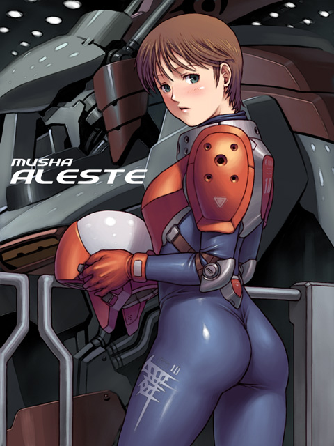 circle garyuu, ellinor, ellinor weisen, aleste, musha aleste, sega, pilot suit, 1990s (style), 1girl, armor, ass, black bodysuit, bodysuit, brown hair, copyright name, cowboy shot, female focus, game console, gloves, green eyes, helmet, mecha, military, military uniform, red gloves, retro artstyle, robot, sega mega drive, short hair, skin tight, solo, spacesuit, video game