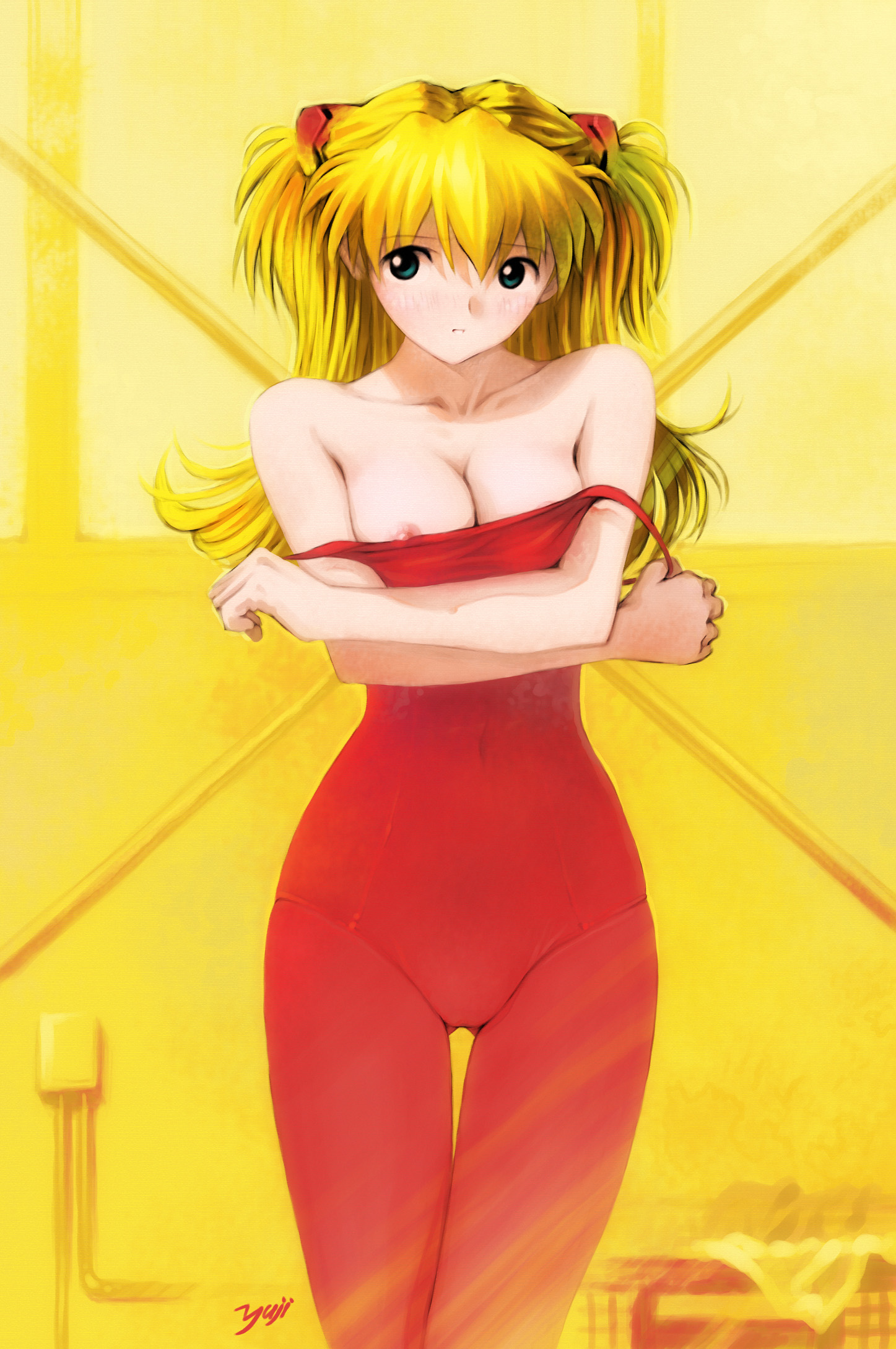 kobayashi yuji, souryuu asuka langley, neon genesis evangelion, highres, scan, 1girl, artist name, bare shoulders, blonde hair, blue eyes, breasts, cleavage, collarbone, covered navel, female focus, long hair, medium breasts, nipple slip, nipples, signature, solo, thigh gap, thighs, undressing, unitard