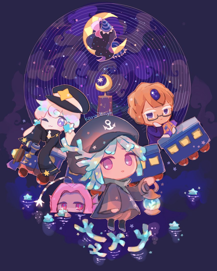 kanaizu yh, milky way cookie, moonlight cookie, mystic opal cookie, cookie run, cookie run: kingdom, alt text, commentary, english commentary, 5girls, ;3, absurdly long hair, anchor symbol, ankle boots, arm at side, artist name, black background, black boots, black hair, black hat, black jacket, blue dress, blue eyes, blue hair, blue hat, blue pupils, blueberry pie cookie, book, boots, brown hair, brown pants, closed mouth, crescent, dress, fins, frilled dress, frills, full body, gloves, hand on own cheek, hand on own face, hat, head fins, holding, holding book, holding lantern, jacket, lantern, light particles, long hair, long sleeves, looking at viewer, low twintails, multiple girls, necktie, no sclera, one eye closed, pants, parted lips, pink eyes, puffy pants, purple eyes, purple hair, purple veil, short hair, simple background, sleeves past fingers, sleeves past wrists, slit pupils, star (symbol), star coral cookie, star in eye, striped clothes, striped dress, striped hat, striped headwear, symbol in eye, train, twintails, veil, vertical-striped clothes, vertical-striped dress, very long hair, wavy hair, white gloves, white hair, white necktie, wizard hat