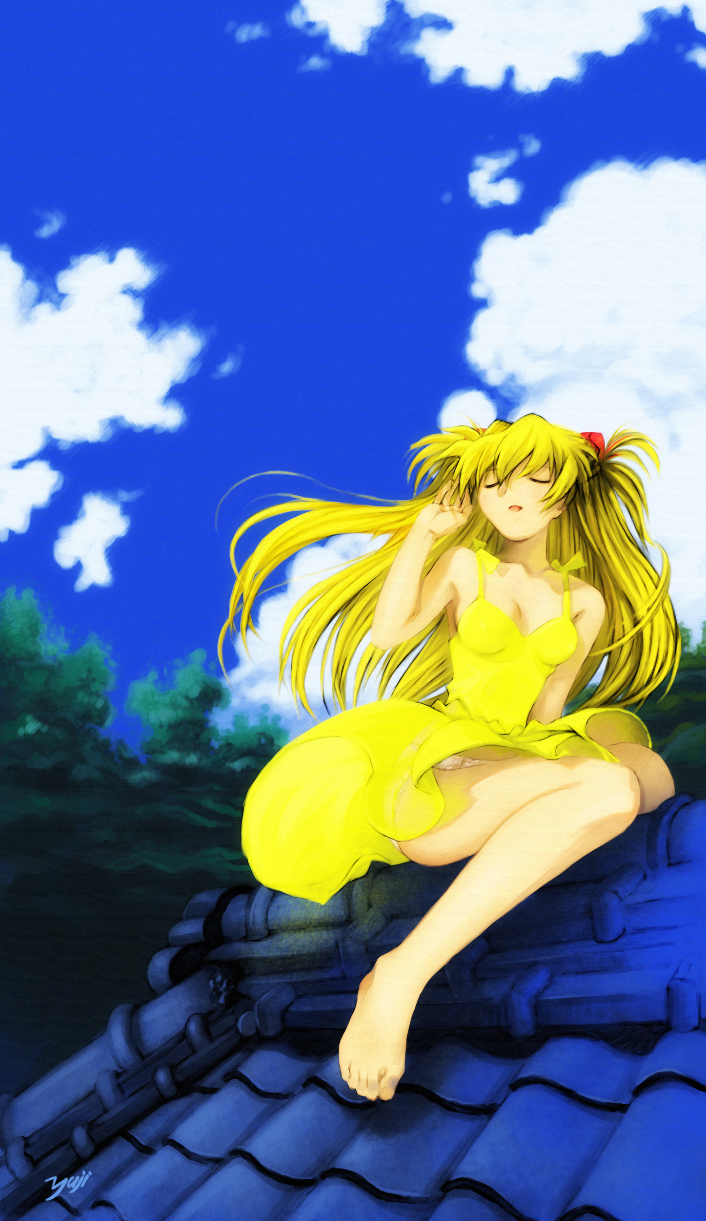 kobayashi yuji, souryuu asuka langley, neon genesis evangelion, absurdres, highres, scan, 1girl, artist name, bare legs, barefoot, blonde hair, breasts, closed eyes, clothes lift, cloud, day, dress, dress lift, feet, female focus, legs, long hair, outdoors, panties, pantyshot, rooftop, see-through clothes, sitting, sky, solo, toes, underwear, upskirt, wind, wind lift, yellow dress