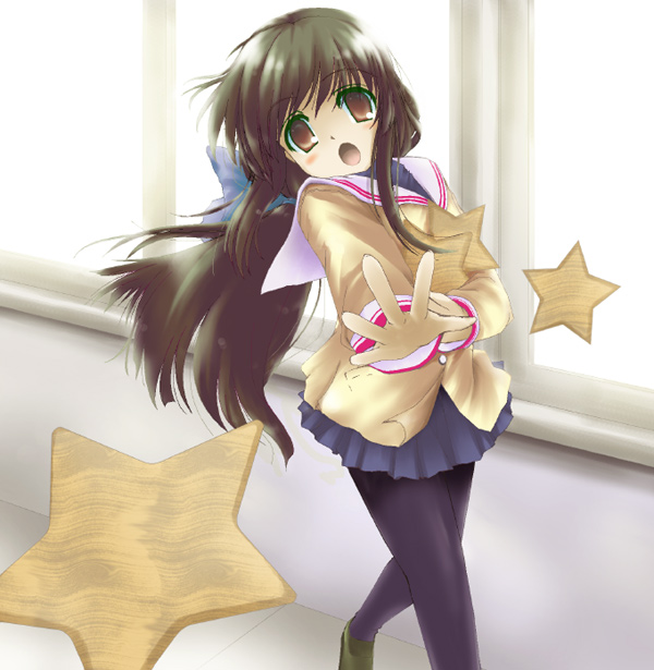 satou takeshi, ibuki fuuko, clannad, 00s, 1girl, :o, female focus, long hair, low-tied long hair, open mouth, pantyhose, pleated skirt, school uniform, serafuku, skirt, solo, starfish