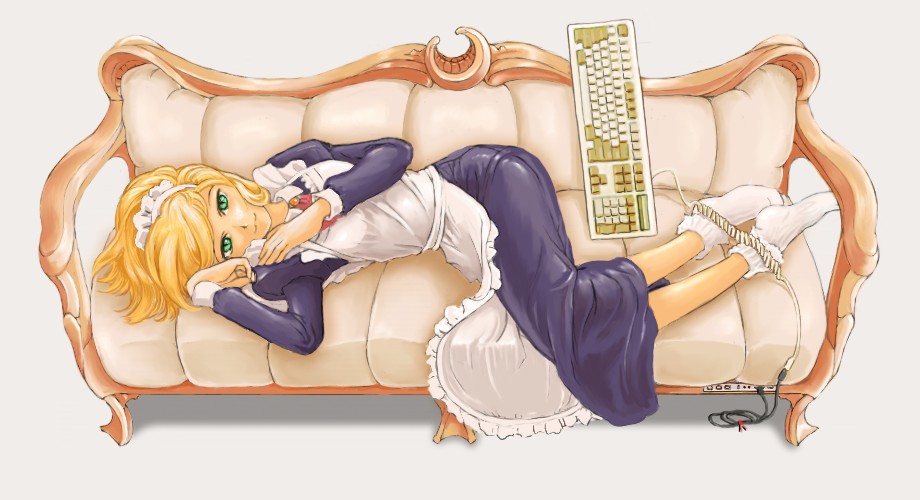amano takumi, original, 1girl, :3, blonde hair, computer keyboard, couch, female focus, green eyes, keyboard, lying, maid, slit pupils, socks, solo