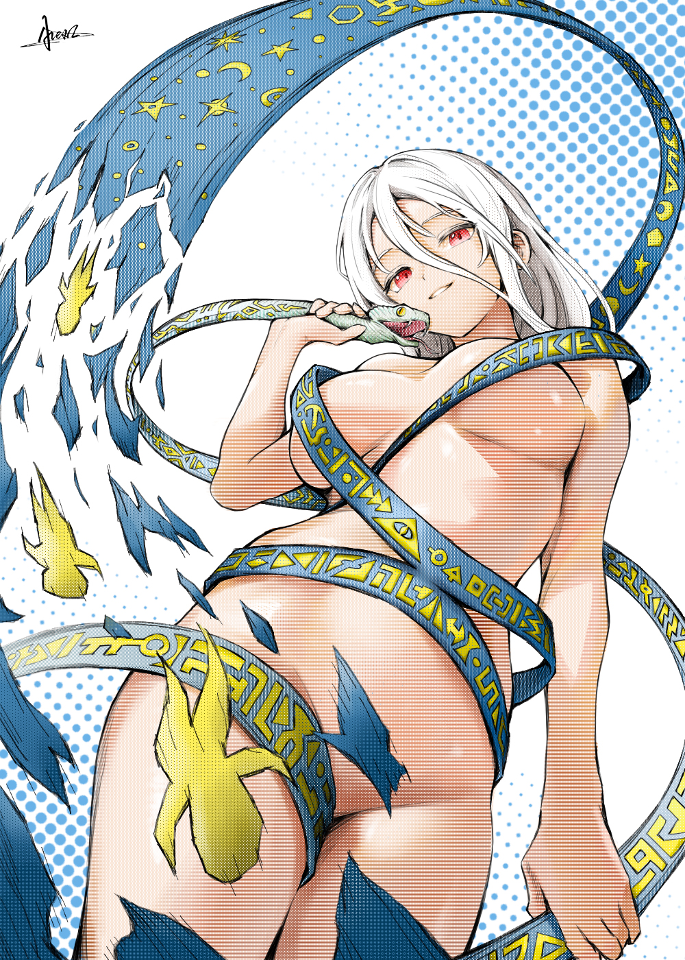 alexzhang, yuiman asama, fossilized wonders, touhou, highres, 1girl, breasts, convenient censoring, long bangs, long hair, looking at viewer, naked ribbon, red eyes, ribbon, ribbon around body, ribbon censor, slit pupils, smile, snake, snake wrapped around body, solo, standing, white hair