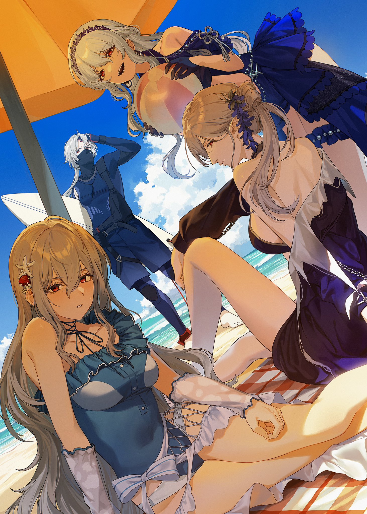 oxy (ho2), gladiia (arknights), skadi (arknights), specter (arknights), ulpianus (arknights), arknights, highres, 1boy, 3girls, ball, beach, beach towel, beach umbrella, beachball, black gloves, blue hairband, blue one-piece swimsuit, bodysuit, diving suit, gloves, grey hair, hairband, holding, holding ball, holding beachball, long hair, mask, mouth mask, multiple girls, ocean, one-piece swimsuit, pointy ears, red eyes, sharp teeth, starfish hair ornament, swimsuit, teeth, towel, umbrella, wetsuit