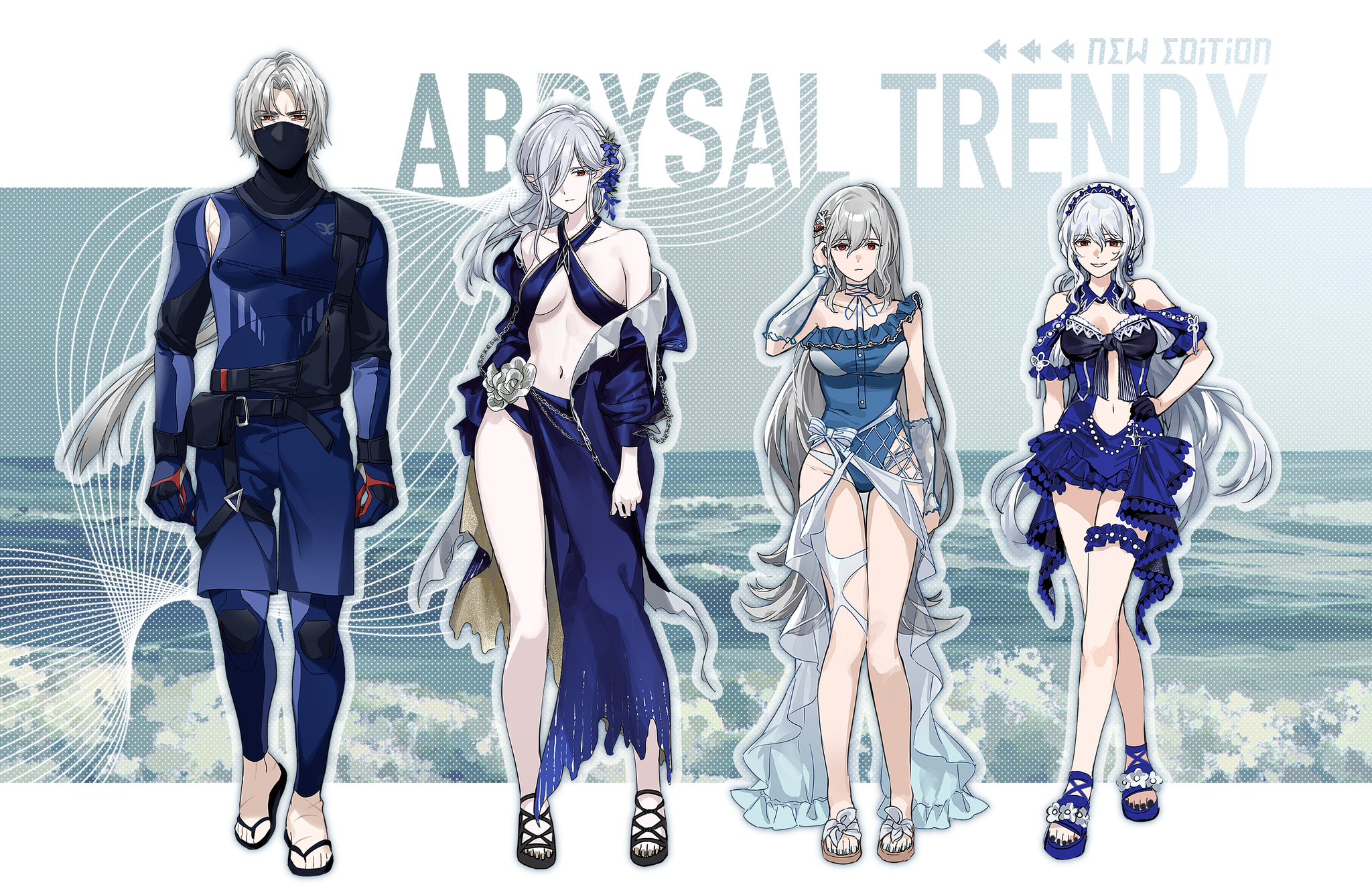 oxy (ho2), gladiia (arknights), skadi (arknights), specter (arknights), ulpianus (arknights), arknights, highres, 1boy, 3girls, bikini, black gloves, blue bikini, blue hairband, blue one-piece swimsuit, bodysuit, diving suit, gloves, grey hair, hair over one eye, hairband, hand on own hip, long hair, multiple girls, navel, ocean, one-piece swimsuit, pointy ears, red eyes, sandals, sharp teeth, smile, swimsuit, teeth, wetsuit