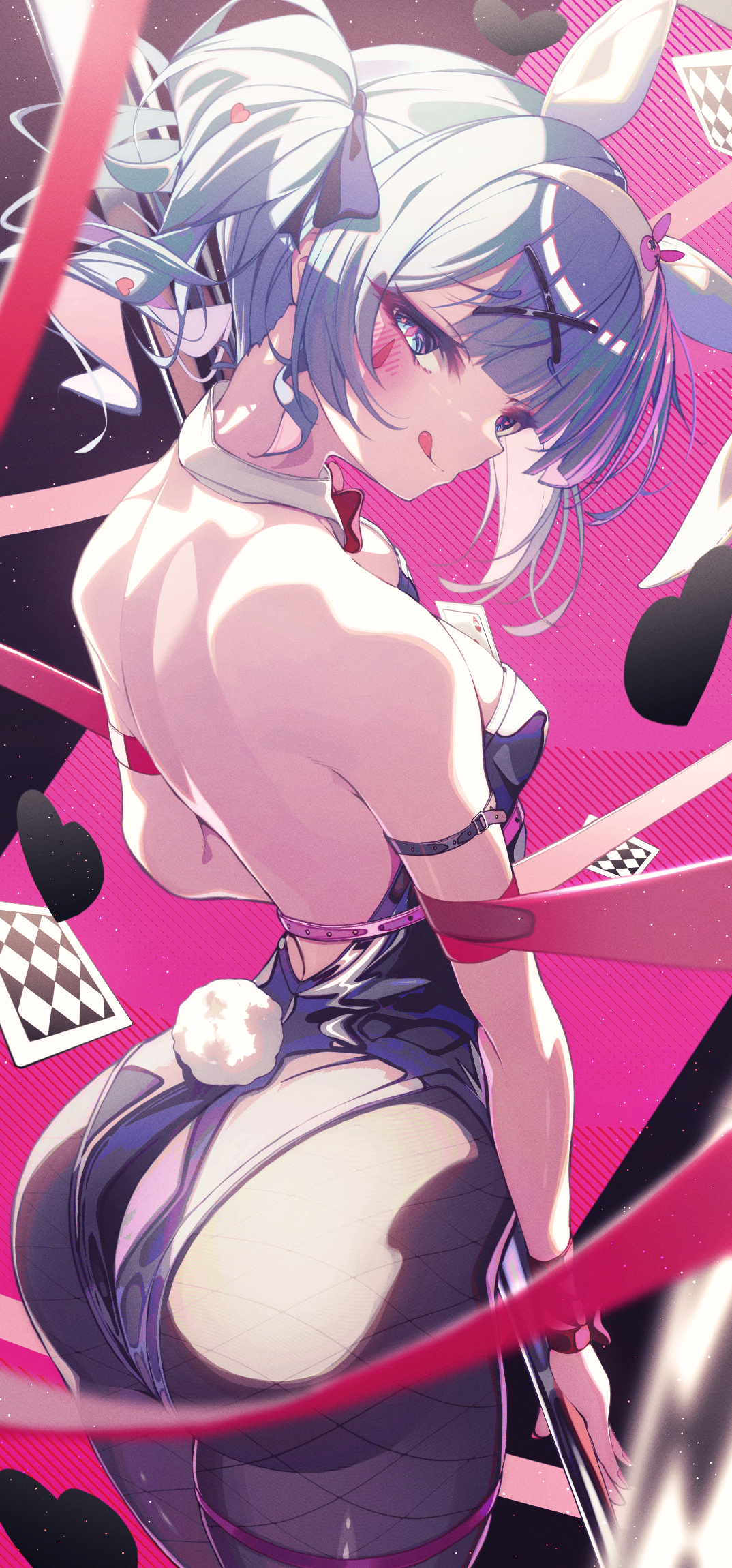 sho me 1853, hatsune miku, rabbit hole (vocaloid), vocaloid, highres, 1girl, :p, animal ear hairband, animal ears, arm strap, ass, bare arms, bare back, bare shoulders, black leotard, black pantyhose, blue eyes, blue hair, blue leotard, blush, bow, bowtie, breasts, card, closed mouth, detached collar, facial tattoo, fake animal ears, fake tail, fishnet pantyhose, fishnets, from behind, from side, hair ornament, hairband, leotard, licking lips, long hair, looking at viewer, looking to the side, pantyhose, pink pupils, playboy bunny, playing card, pole, rabbit ear hairband, rabbit ears, rabbit tail, red bow, red bowtie, sidelocks, small breasts, smile, solo, standing, strapless, strapless leotard, stripper pole, tail, tattoo, teardrop facial mark, teardrop tattoo, thigh strap, tongue, tongue out, twintails, white hairband, x hair ornament