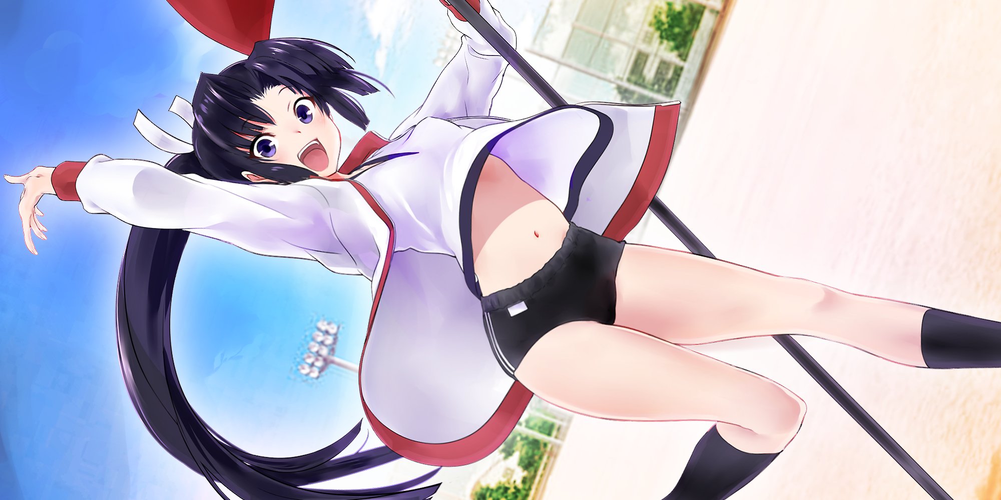 kawagishi keitarou, character request, commentary request, copyright request, highres, jpeg artifacts, 1girl, arms up, black buruma, black hair, black socks, breasts, buruma, curtained hair, day, dutch angle, feet out of frame, floating clothes, foot up, hair ribbon, happy, jacket, jumping, kneehighs, long hair, looking at viewer, navel, open clothes, open jacket, open mouth, outdoors, ponytail, purple eyes, ribbon, shirt, small breasts, smile, socks, solo, stomach, very long hair, white jacket, white ribbon, white shirt