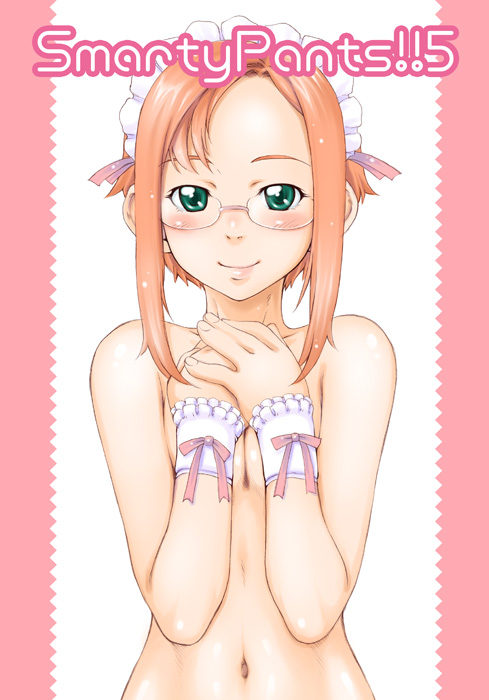 sakura kotetsu, original, 1girl, completely nude, covering breasts, covering privates, female focus, glasses, nude, out-of-frame censoring, smile, solo