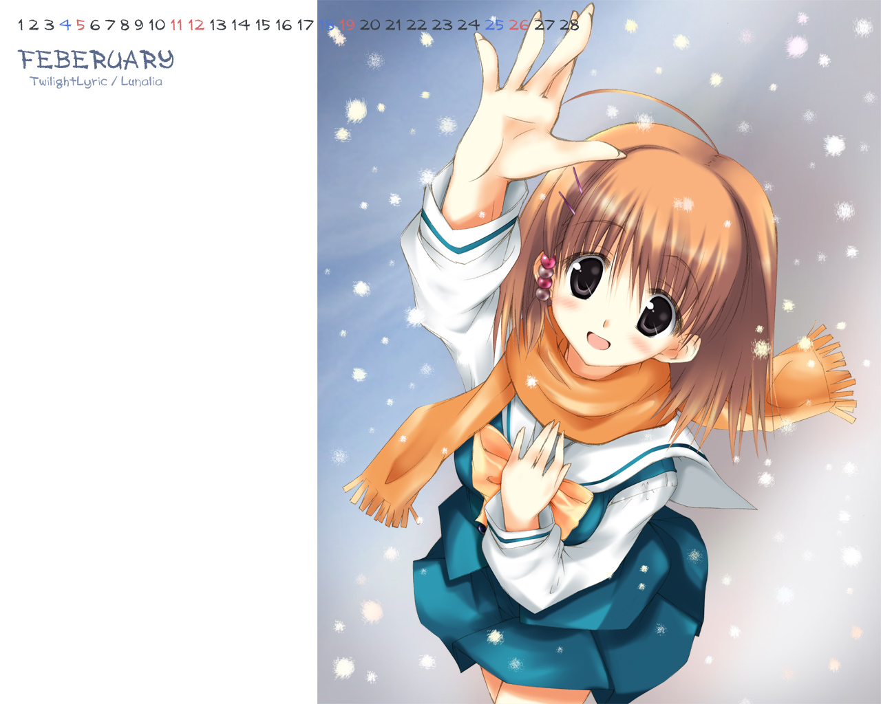 luna lia, original, 1girl, ahoge, beads, black eyes, blush, brown hair, calendar, february, female focus, from above, hair ornament, hairclip, looking up, orange scarf, outdoors, scarf, school uniform, serafuku, short hair, side ponytail, skirt, snow, snowing, solo, waving