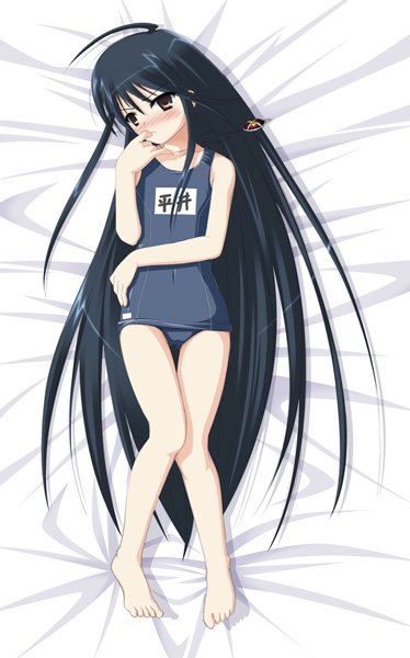 ogata, alastor (shakugan no shana), shana, shakugan no shana, 00s, 1girl, barefoot, bikini, black hair, blush, female focus, flat chest, jewelry, long hair, name tag, one-piece swimsuit, pendant, red eyes, school swimsuit, solo, swimsuit, very long hair