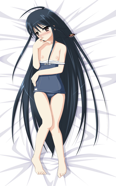 ogata, shana, shakugan no shana, 00s, 1girl, barefoot, black hair, blush, clothes pull, female focus, flat chest, long hair, name tag, nipples, one-piece swimsuit, one-piece swimsuit pull, school swimsuit, solo, swimsuit, very long hair