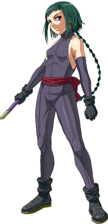 nigou, okuzaki akira, my-otome, 00s, 1girl, androgynous, breasts, elbow gloves, female focus, flat chest, gloves, green hair, low ponytail, ninja, ponytail, reverse trap, small breasts, solo