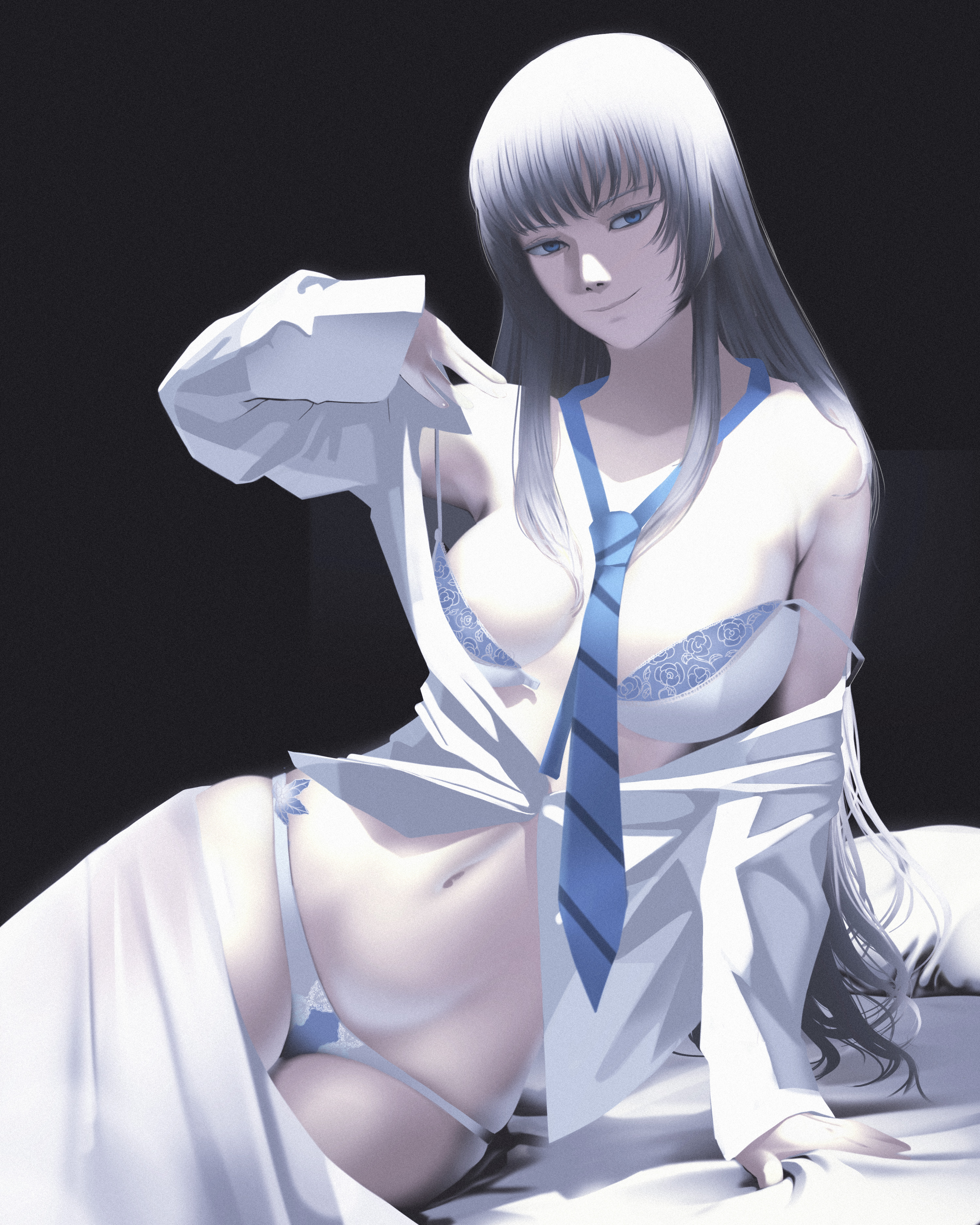 adun madun, koko hekmatyar, jormungand (manga), absurdres, highres, 1girl, black background, blanket, blue eyes, blue necktie, long hair, long sleeves, navel, necktie, on bed, panties, solo, underwear, very long hair, white hair, white panties