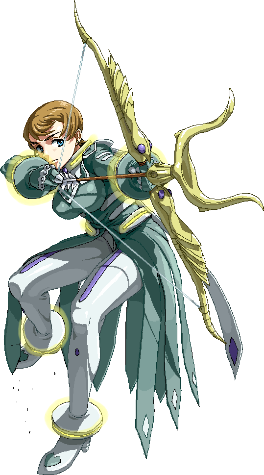 nigou, yukariko steinberg, my-otome, 00s, blue eyes, bow (weapon), bracer, brown hair, drawing bow, earrings, frown, full body, glowing, holding, holding bow (weapon), holding weapon, jewelry, short hair, simple background, solo, standing, standing on one leg, stud earrings, weapon, white background