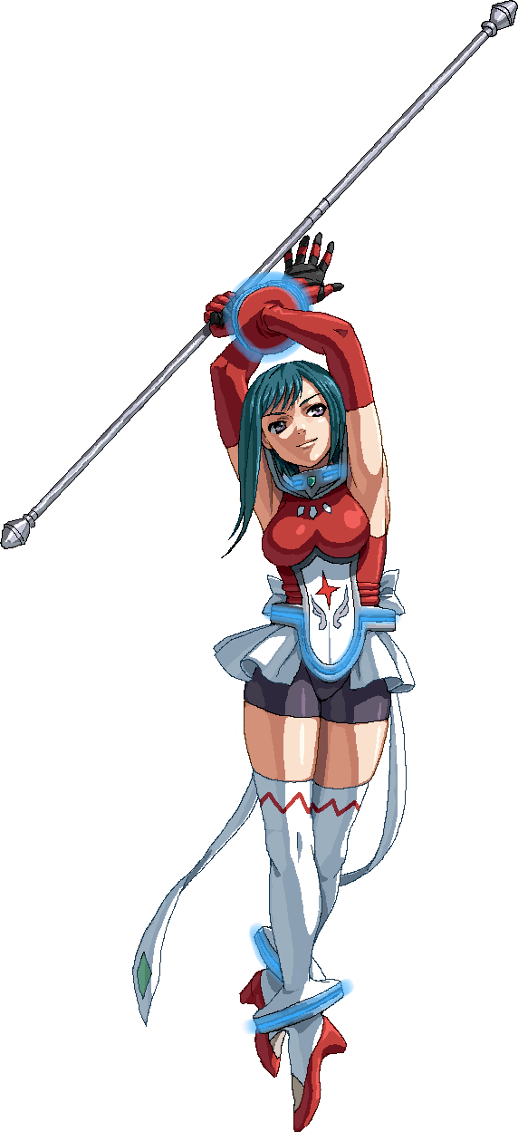 nigou, tomoe marguerite, my-otome, highres, 00s, armpits, elbow gloves, full body, gloves, long hair, smile, solo, staff, thighhighs, thighs