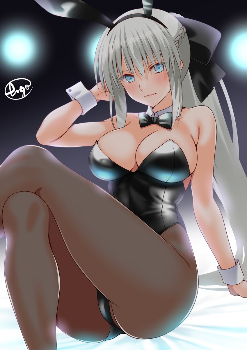 engo (aquawatery), morgan le fay (fate), fate/grand order, fate (series), highres, 1girl, animal ears, bare shoulders, black bow, black leotard, blue eyes, blush, bow, bowtie, braid, breasts, brown pantyhose, cleavage, detached collar, fake animal ears, grey hair, hair bow, large breasts, leotard, long hair, looking at viewer, pantyhose, playboy bunny, ponytail, rabbit ears, sidelocks, solo, thighs, very long hair, wrist cuffs