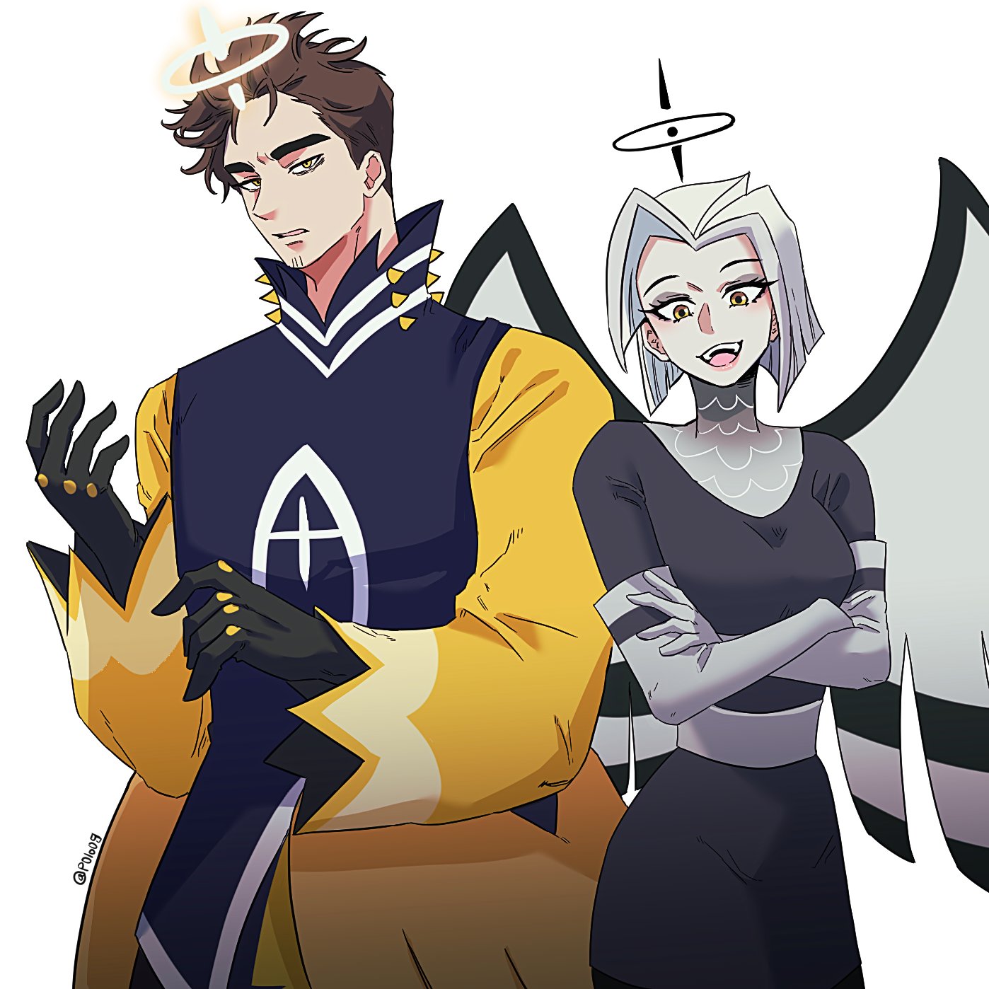 michelin (p0lo09), adam (hazbin hotel), lute (hazbin hotel), hazbin hotel, hellaverse, hashtag-only commentary, highres, 1boy, 1girl, :d, armored gloves, bags under eyes, belt, black gloves, black halo, black robe, black wings, bob cut, breasts, brown hair, clenched teeth, cowboy shot, cross, cross print, crossed arms, curtained hair, dress, elbow gloves, facial hair, fangs, feathers, gloves, grey belt, grey dress, grey gloves, hair behind ear, halo, inverted bob, long sleeves, looking at viewer, medium breasts, open mouth, pencil dress, raised eyebrows, robe, short dress, short hair, simple background, smile, standing, teeth, thick eyebrows, tongue, two-tone wings, upper teeth only, very short hair, white background, white hair, white halo, white wings, wings, yellow eyes