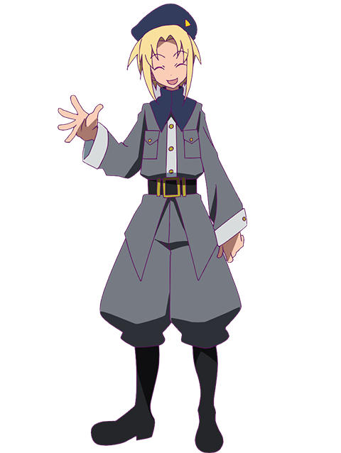 ootsu nao, heion sedai no idaten-tachi, official art, 1boy, :d, ^ ^, anime coloring, belt, black belt, black boots, blonde hair, blue hat, boots, closed eyes, collared jacket, curtained hair, full body, grey jacket, grey pants, hand up, hat, jacket, long sleeves, looking at viewer, military hat, nickel (heion sedai no idaten-tachi), open hand, open mouth, palms, pants, shirt, short hair, sidelocks, simple background, smile, solo, spread fingers, standing, transparent background, untucked shirt