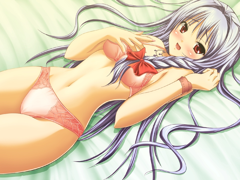 aikawa daisei, mitamura karen, school love!, silver hair, game cg, 1girl, bed, blush, bra, braid, female focus, hair ribbon, lingerie, long hair, lying, panties, red eyes, ribbon, solo, tress ribbon, underwear, underwear only