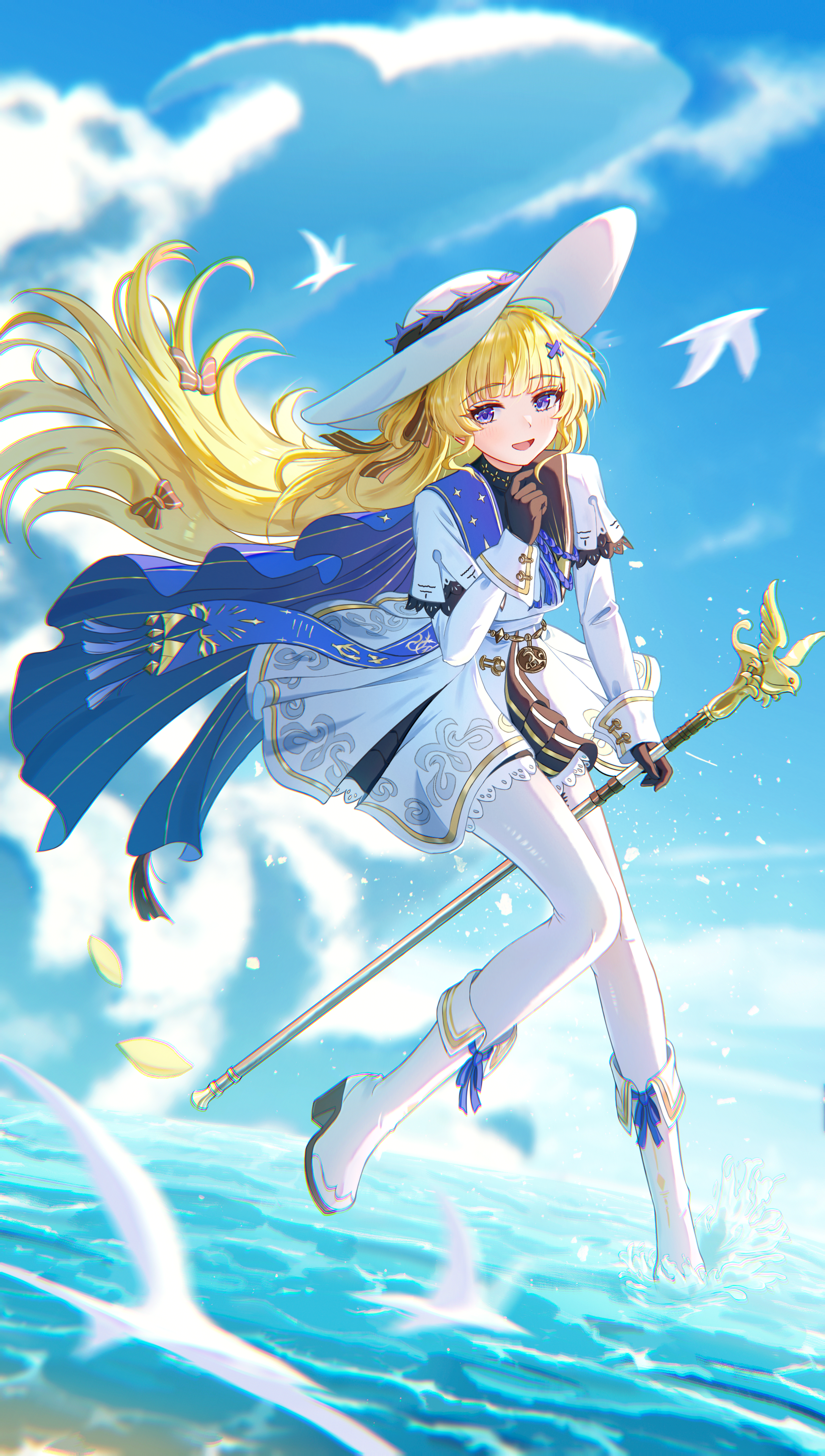 ritou yukihyou, phoebe (wuthering waves), wuthering waves, absurdres, chinese commentary, commentary request, highres, 1girl, black collar, black gloves, blonde hair, blue sash, blue sky, boots, collar, day, floating hair, gloves, hair ornament, hand up, hat, holding, holding staff, long sleeves, looking at viewer, open mouth, pantyhose, purple eyes, sash, shirt, skirt, sky, smile, solo, staff, white boots, white hat, white pantyhose, white shirt, white skirt, x hair ornament