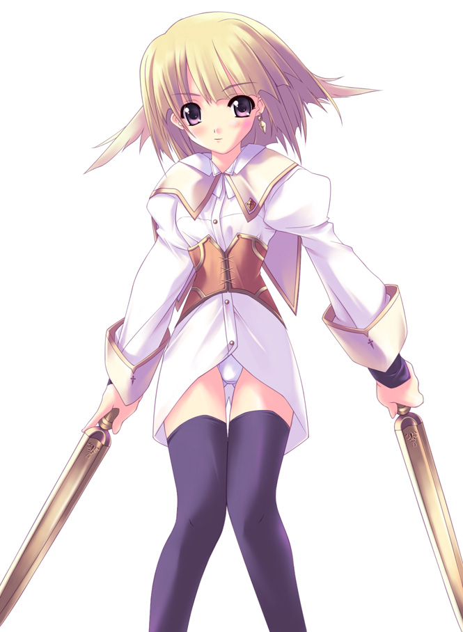shiranagi masa, original, 1girl, armor, black thighhighs, blonde hair, dress shirt, dual wielding, earrings, female focus, holding, jewelry, panties, purple eyes, shirt, short hair, single earring, solo, standing, sword, thighhighs, underwear, weapon, white panties