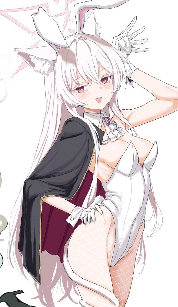 clearite, akira (blue archive), blue archive, 1girl, alternate costume, animal ear fluff, animal ears, ascot, bare shoulders, black capelet, blush, breasts, brooch, capelet, cat ears, cat tail, cleavage, detached collar, fake animal ears, fishnet pantyhose, fishnets, gloves, halo, highleg, highleg leotard, jewelry, leotard, long hair, looking at viewer, medium breasts, open mouth, pantyhose, playboy bunny, rabbit ears, red eyes, sidelocks, smile, solo, tail, thighs, white gloves, white hair, white leotard