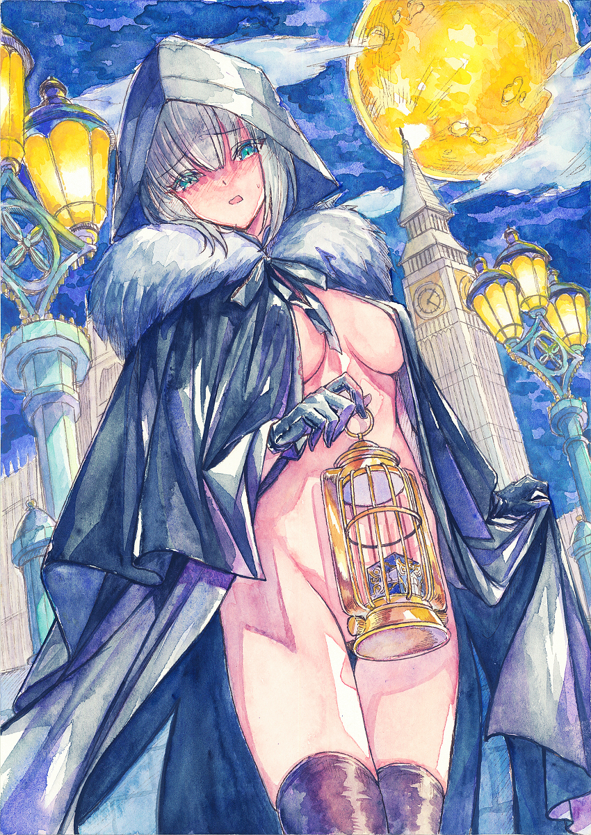 chikinan tarou, gray (fate), fate/grand order, fate (series), highres, painting (medium), traditional media, watercolor (medium), 1girl, black thighhighs, blue eyes, breasts, cloak, clock, clock tower, cowboy shot, elizabeth tower, embarrassed, full moon, fur-trimmed cloak, fur trim, grey hair, holding, holding lantern, hood, hood up, lamppost, lantern, medium breasts, medium hair, moon, naked cloak, no bra, no panties, open mouth, thighhighs, tower