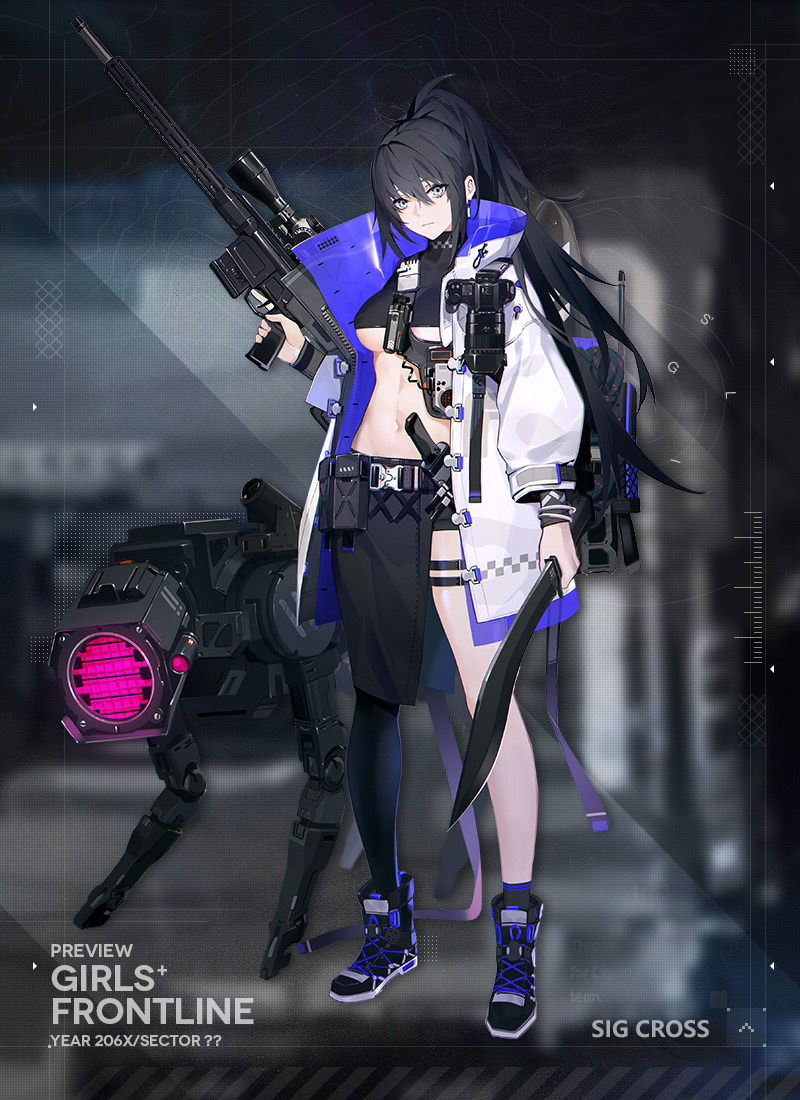 narcolepsy-1900, sig cross (girls' frontline), girls' frontline, sig sauer, commentary, english commentary, official art, 1girl, ankle boots, asymmetrical clothes, asymmetrical pants, bag, bandolier, belt, belt pouch, black belt, black pants, black shirt, body cam, boots, bra, breasts, camera, closed mouth, coat, covered erect nipples, crop top, english text, expressionless, flute, full body, grey eyes, grey hair, gun, hair between eyes, hair intakes, hand up, high collar, high ponytail, holding, holding gun, holding knife, holding sword, holding weapon, impossible clothes, impossible shirt, instrument, knife, kukri, large breasts, leg belt, linea alba, long hair, long sleeves, looking at viewer, midriff, navel, no bra, non-humanoid robot, open clothes, open coat, pants, ponytail, popped collar, pouch, recorder, rifle, robot, shadow, shirt, sidelocks, sig cross, single-lens reflex camera, single pantsleg, skindentation, sniper rifle, solo, sports bra, stomach, sword, tachi-e, tactical clothes, thigh strap, toned, toned female, turtleneck, underboob, underwear, utility belt, very long hair, weapon, white coat, zoom lens