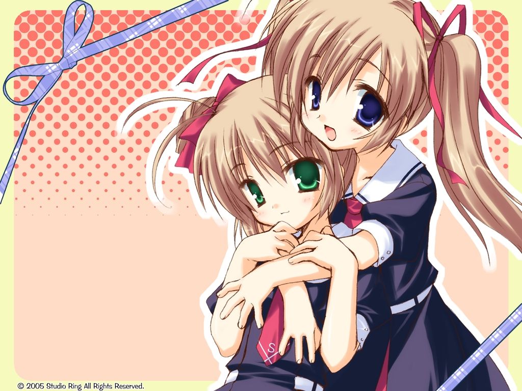 muririn, mizuki saori, mizuki shiori, hajimete no orusuban, nanami to konomi no oshiete abc, clothes, light brown hair, game cg, official art, official wallpaper, 2girls, antenna hair, blue eyes, green eyes, hair ribbon, hug, loli, multiple girls, necktie, ribbon, school uniform, serafuku, siblings, sisters, twins, twintails