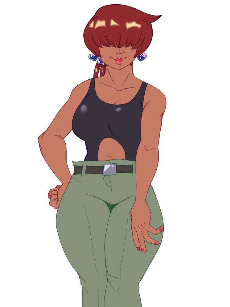 1shermieaday, shermie (kof), the king of fighters, 1girl, breasts, curvy, dark-skinned female, dark skin, earrings, female focus, heart, huge breasts, jewelry, large breasts, long hair, marellartt, pants, ponytail, red hair, shiny clothes, smile, smiley face, standing, tan, thick thighs, thighs, tight clothes, twintails, wide hips