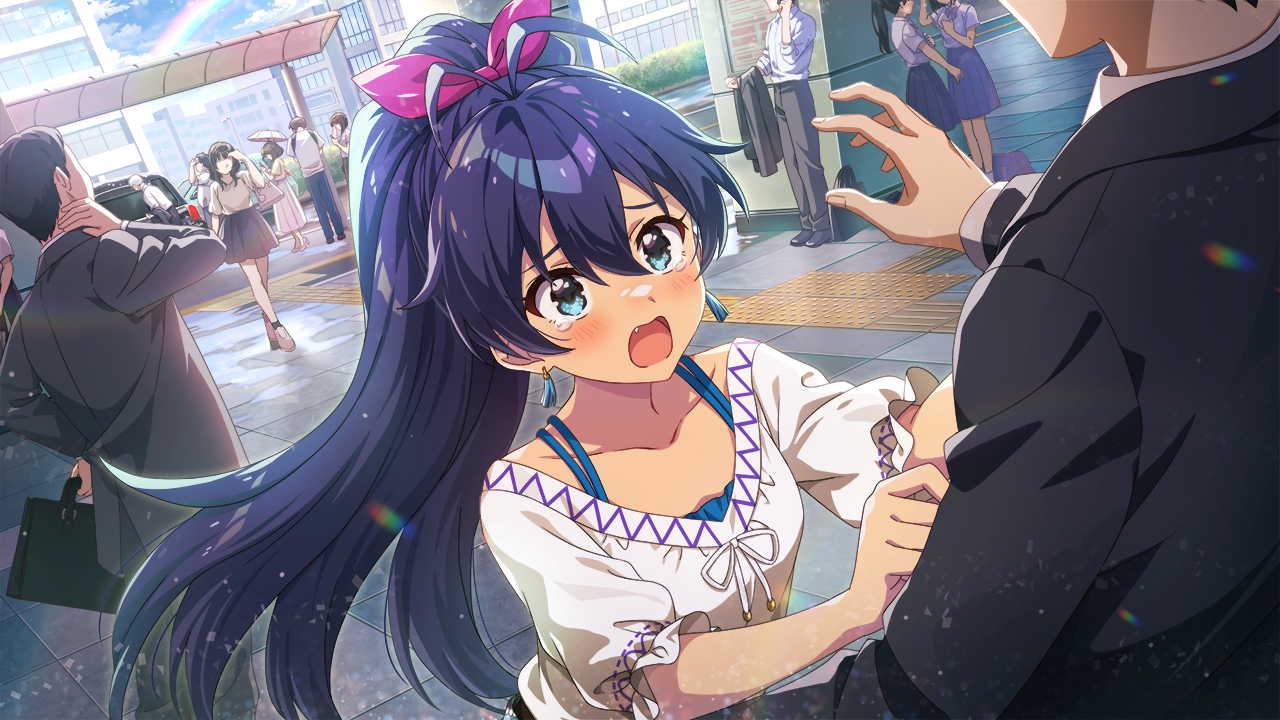 ganaha hibiki, idolmaster, idolmaster million live!, idolmaster million live! theater days, game cg, official art, blue eyes, blue hair, building, bush, cloud, earrings, faceless, fang, holding, jewelry, open mouth, pants, ponytail, rainbow, skirt, tears