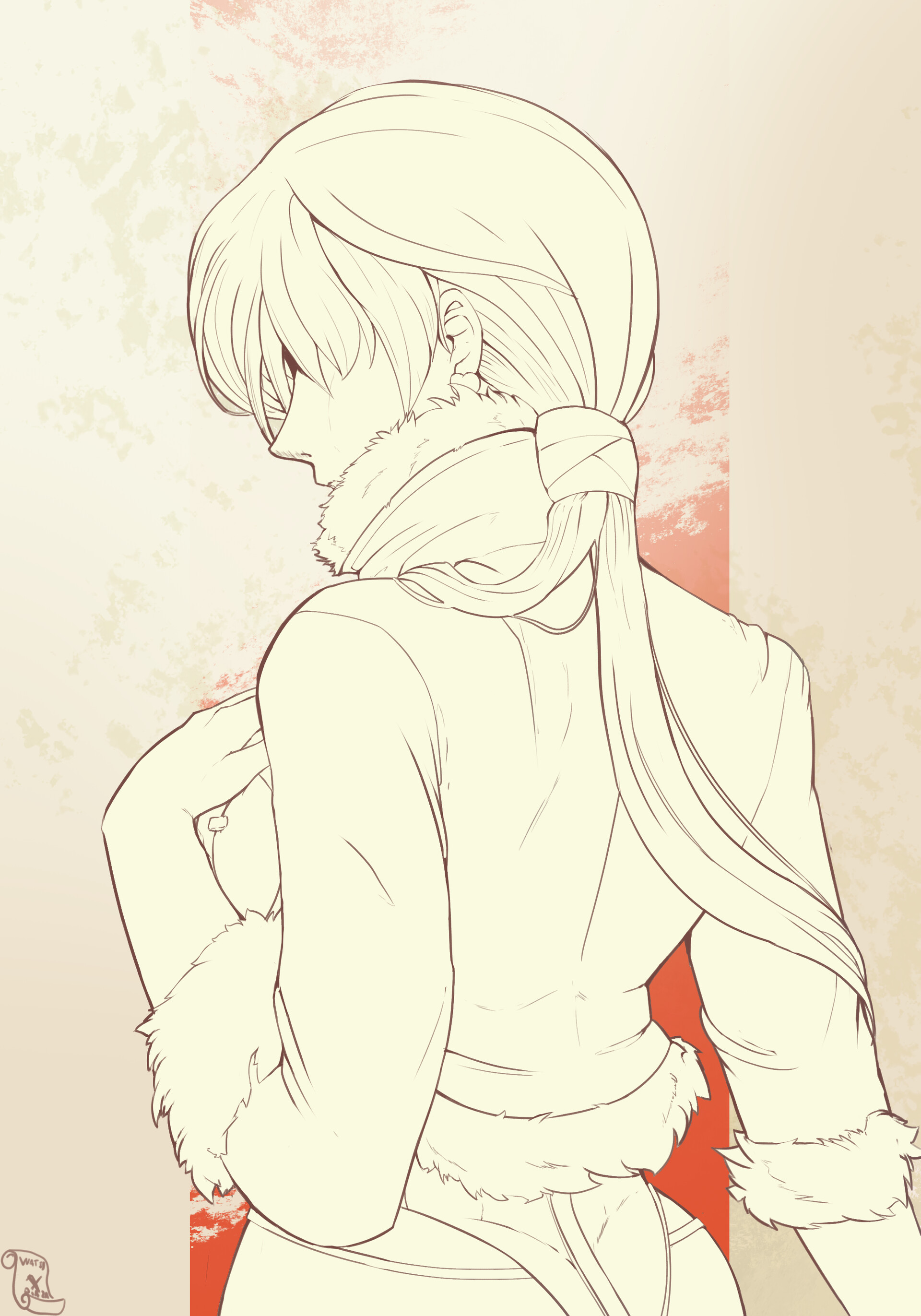 shermie (kof), the king of fighters, 1girl, ass, blazar12, breasts, coat, curvy, earrings, female focus, fluffy, from behind, hand on own chest, hand up, heart, huge breasts, jewelry, large breasts, long hair, ponytail, standing, thick thighs, thighs, twintails, wanted blazar, wide hips