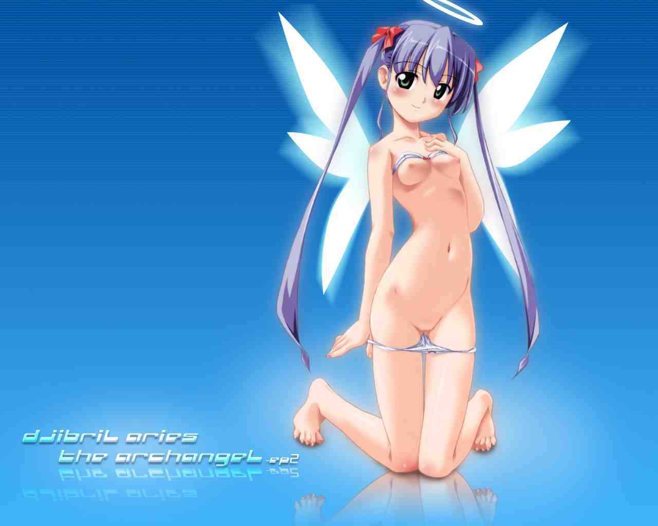 kuuchuu yousai, djibril aries, jinno hikari, makai tenshi djibril, makai tenshi djibril 2, light purple hair, jpeg artifacts, official art, official wallpaper, 1girl, angel, angel wings, arms behind back, barefoot, blue background, blush, bow, bow bra, bow panties, bra, bra lift, breasts, character name, copyright name, feet, female focus, full body, glowing, glowing wings, gradient background, green eyes, hair ribbon, halo, hand on own chest, head tilt, kneeling, knees together feet apart, light smile, lingerie, long hair, looking at viewer, magical girl, narrow waist, navel, nipples, no pussy, nude, panties, panty pull, purple hair, reflection, ribbon, sidelocks, small breasts, smile, solo, strapless, strapless bra, thigh gap, tiptoes, twintails, underwear, underwear only, very long hair, white bra, white panties, wings