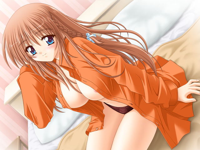 matra milan, mitsuki kanae, alma ~zutto soba ni…~, game cg, 1girl, bed, black panties, blue eyes, blush, braid, breasts, brown hair, cleavage, dress shirt, dutch angle, female focus, hair ribbon, large breasts, long hair, long sleeves, no bra, no pants, on bed, open clothes, open shirt, orange shirt, panties, ribbon, shirt, sitting, smile, solo, underwear