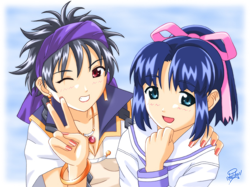keisuke (kei-station), hakuhouin ayano, ruuna (missing blue), missing blue, soreyuke! uchuu senkan yamamoto youko, 1990s (style), 2girls, black hair, blue eyes, blue hair, bracelet, breasts, cleavage, crossover, earrings, hair ribbon, hairband, jewelry, multiple girls, nail polish, necklace, one eye closed, pink nails, red eyes, ribbon, school uniform, serafuku, v, wink