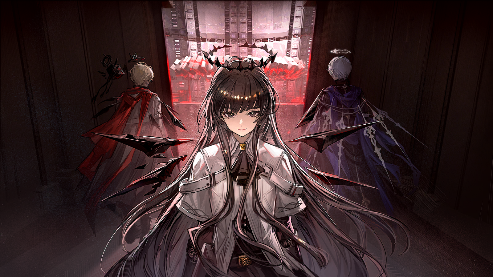 ryuuzaki ichi, andoain (arknights), executor (arknights), executor the ex foedere (arknights), virtuosa (arknights), arknights, game cg, highres, official art, third-party source, 1girl, 2boys, ascot, back-to-back, black ascot, black cape, black eyes, black gloves, black hair, black halo, black wings, blonde hair, blue eyes, bright pupils, cape, closed mouth, crystal wings, dark, detached wings, energy wings, from above, gloves, halo, jacket, long hair, multiple boys, pcs system (arknights), radio antenna, red scarf, red theme, scarf, server room, short hair, short sleeves, sidelocks, smile, straight-on, symmetry, very long hair, walking, white cape, white jacket, white pupils, wings