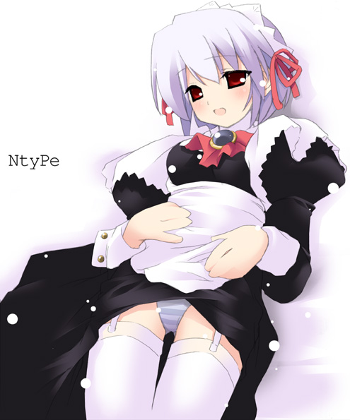 mizoguchi keiji, kotonomiya yuki, suigetsu, 1girl, apron, black dress, blue hair, blue panties, blush, brooch, dress, female focus, garter belt, hair ribbon, jewelry, lingerie, lying, maid, maid apron, on back, panties, pantyshot, red eyes, ribbon, short hair, solo, striped clothes, striped panties, thighhighs, underwear, upskirt, white thighhighs