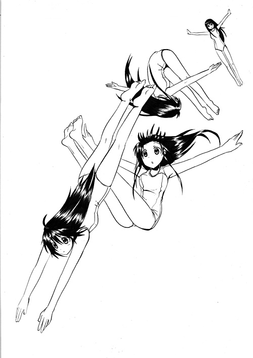 kazuki ren, original, 1girl, afterimage, barefoot, dive, feet, female focus, greyscale, jumping, long hair, monochrome, one-piece swimsuit, outstretched arms, school swimsuit, solo, spread arms, swimsuit