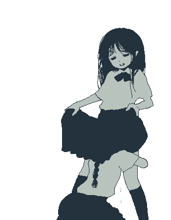 satetsuto, lowres, 2girls, blue theme, clothes lift, cunnilingus, female focus, implied cunnilingus, kneeling, lifting own clothes, monochrome, multiple girls, oekaki, oral, school uniform, serafuku, simple background, skirt, skirt lift, standing, standing cunnilingus, white background, yuri