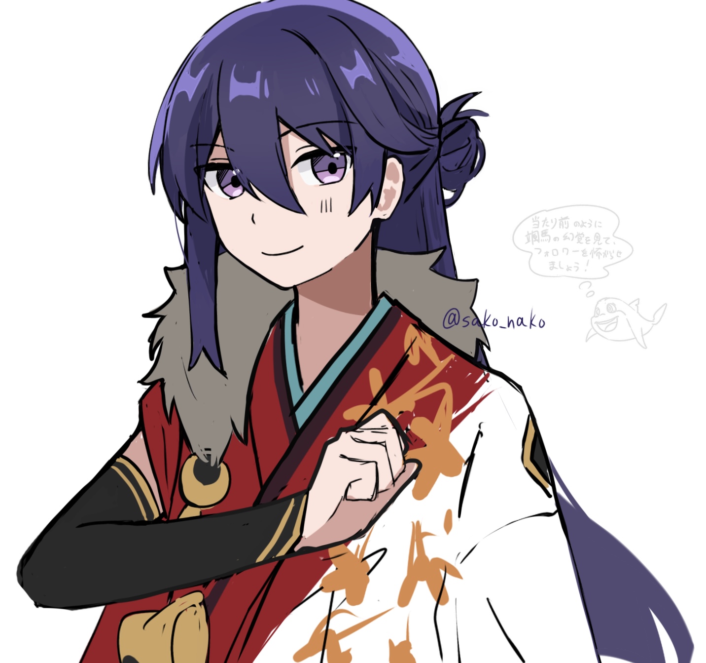 kanzaki souma, ensemble stars!, highres, 1boy, alternate hairstyle, clenched hand, crescent, dolphin, e7fe97lnor97074, fur collar, hair between eyes, hair bun, hand on own chest, hand up, japanese clothes, kimono, leaf print, long hair, looking at viewer, male focus, maple leaf print, purple eyes, purple hair, red kimono, simple background, single hair bun, single sidelock, sleeve rolled up, smile, solo, speech bubble, stole, thought bubble, twitter username, two-tone kimono, white background, white kimono